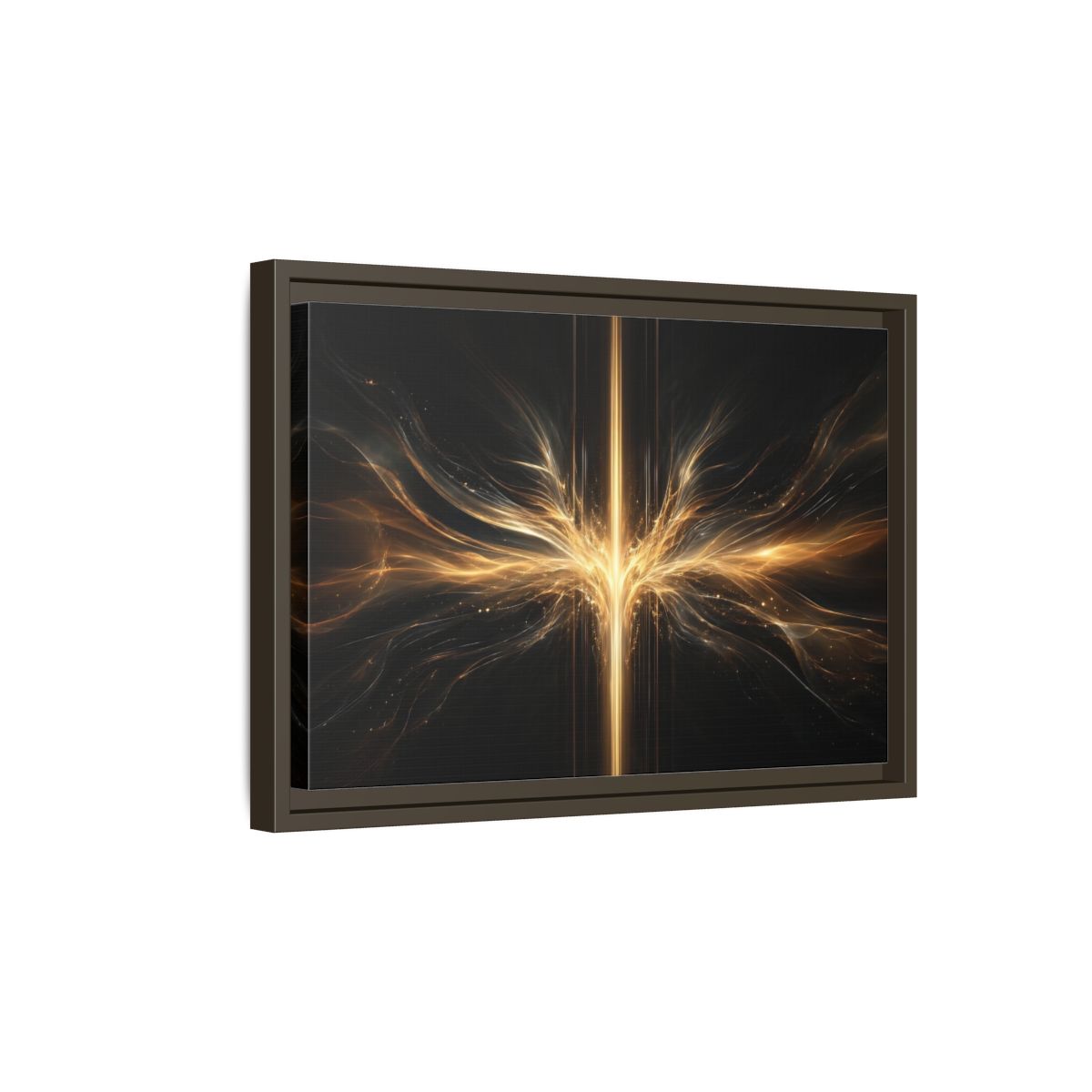 Side Mockup 5. Abstract Light Burst Golden Black Abstract shown as stretched canvas wall art