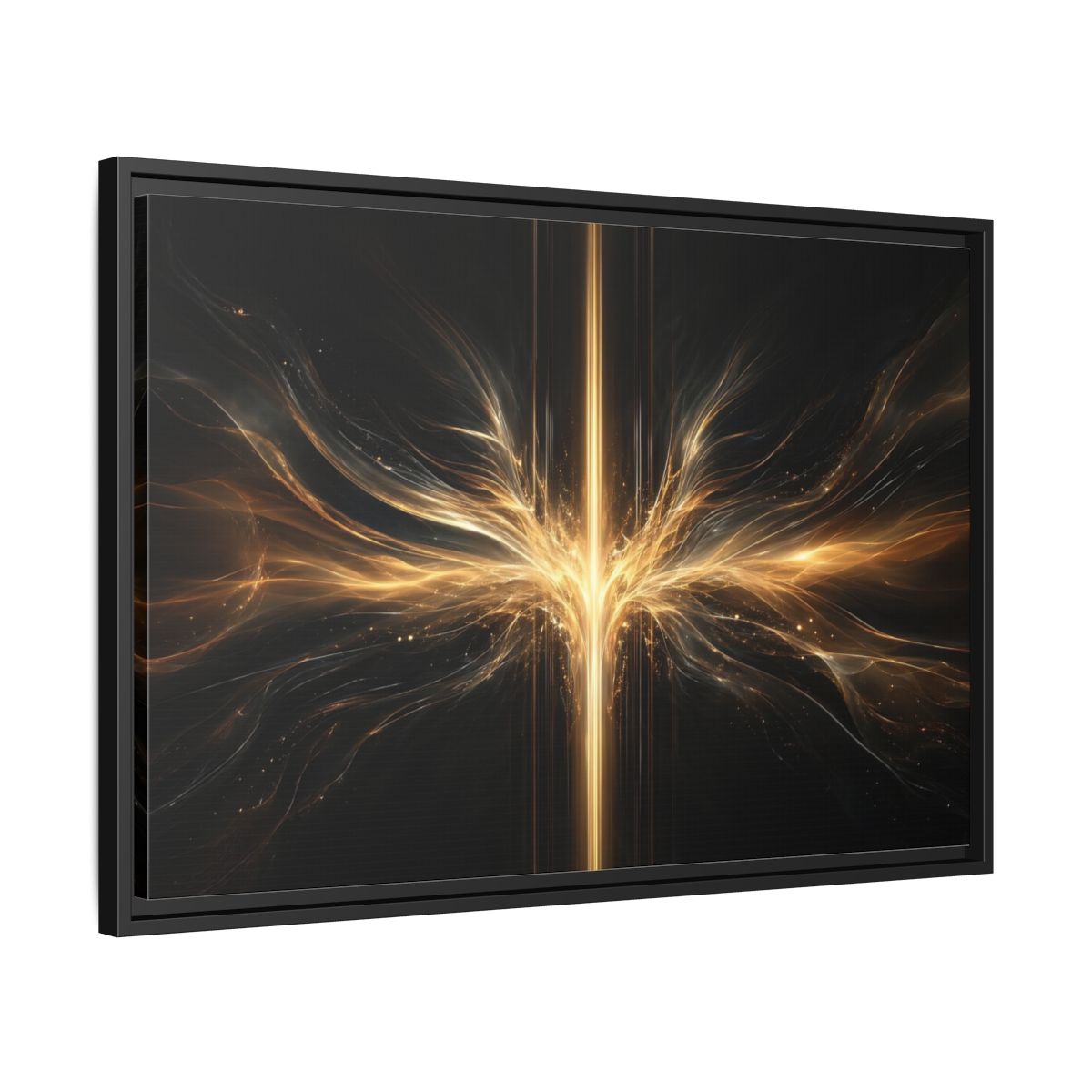 Side Mockup 14. Abstract Light Burst Golden Black Abstract shown as stretched canvas wall art