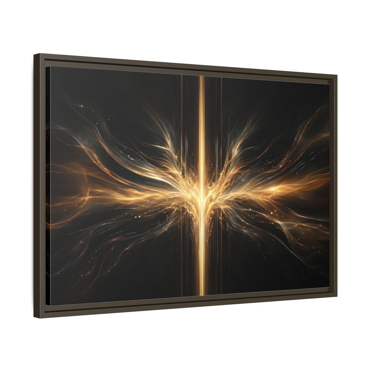Side Mockup 11. Abstract Light Burst Golden Black Abstract shown as stretched canvas wall art