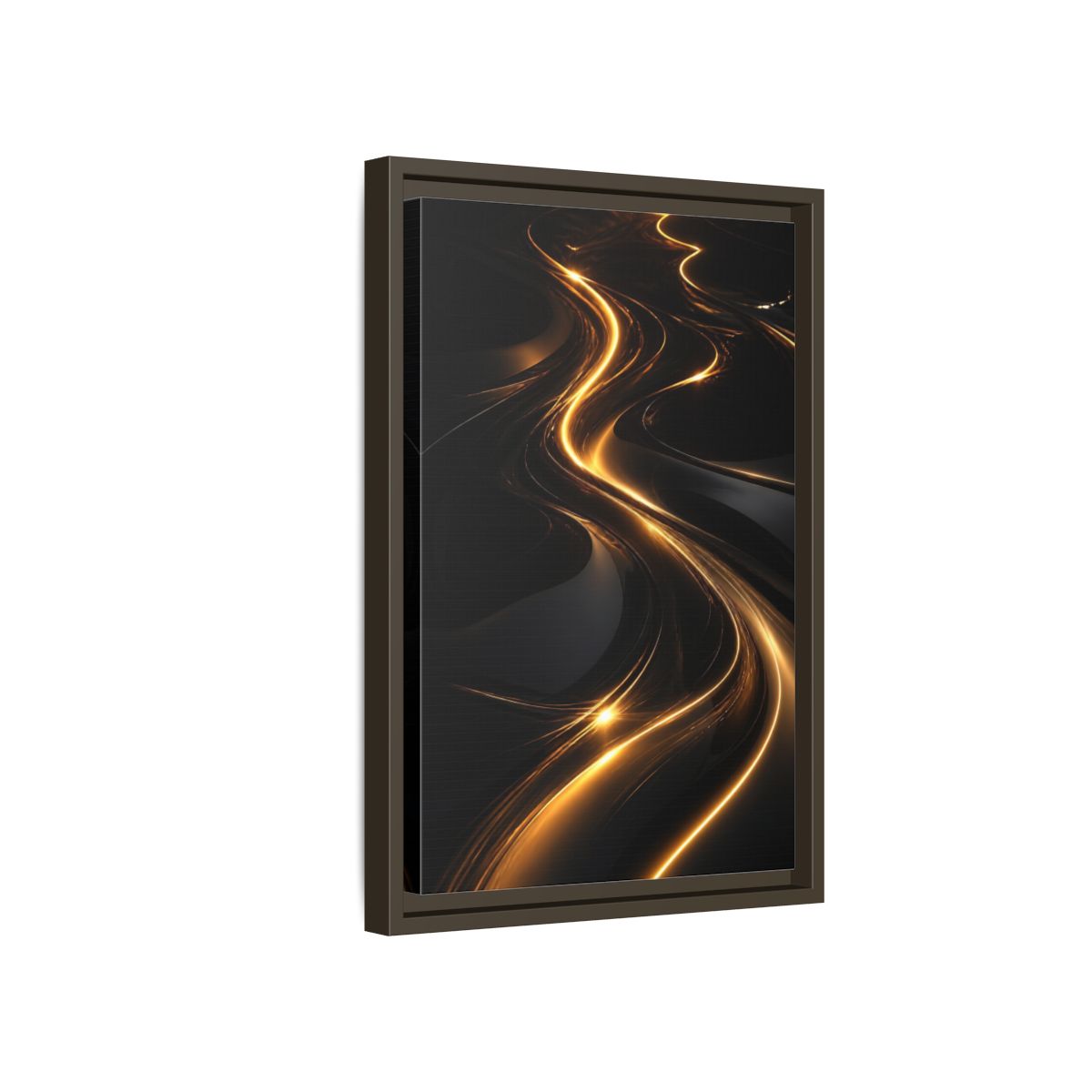 Side Mockup 5. Abstract Light Trails Gold And Black shown as stretched canvas wall art