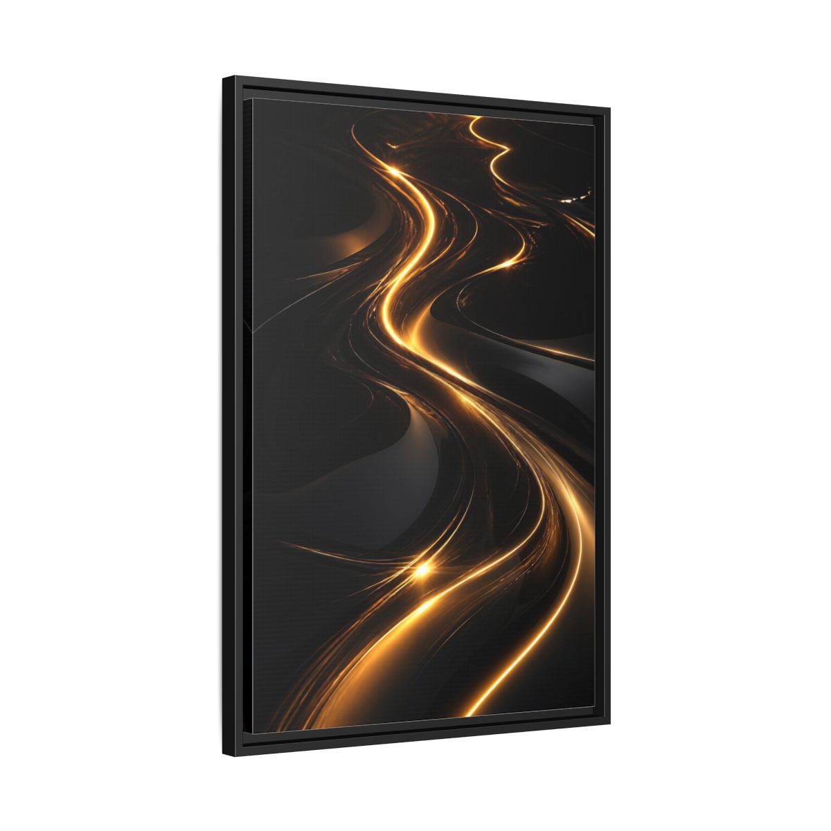 Side Mockup 14. Abstract Light Trails Gold And Black shown as stretched canvas wall art