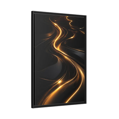 Abstract Light Trails Gold and Black Framed Canvas Wall Art - Modern Living Room, Above Console Table shown as canvas wall art