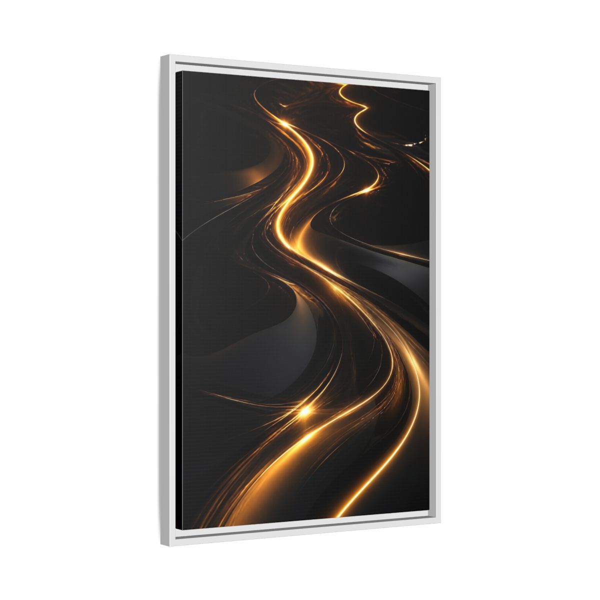 Side Mockup 10. Abstract Light Trails Gold And Black shown as stretched canvas wall art