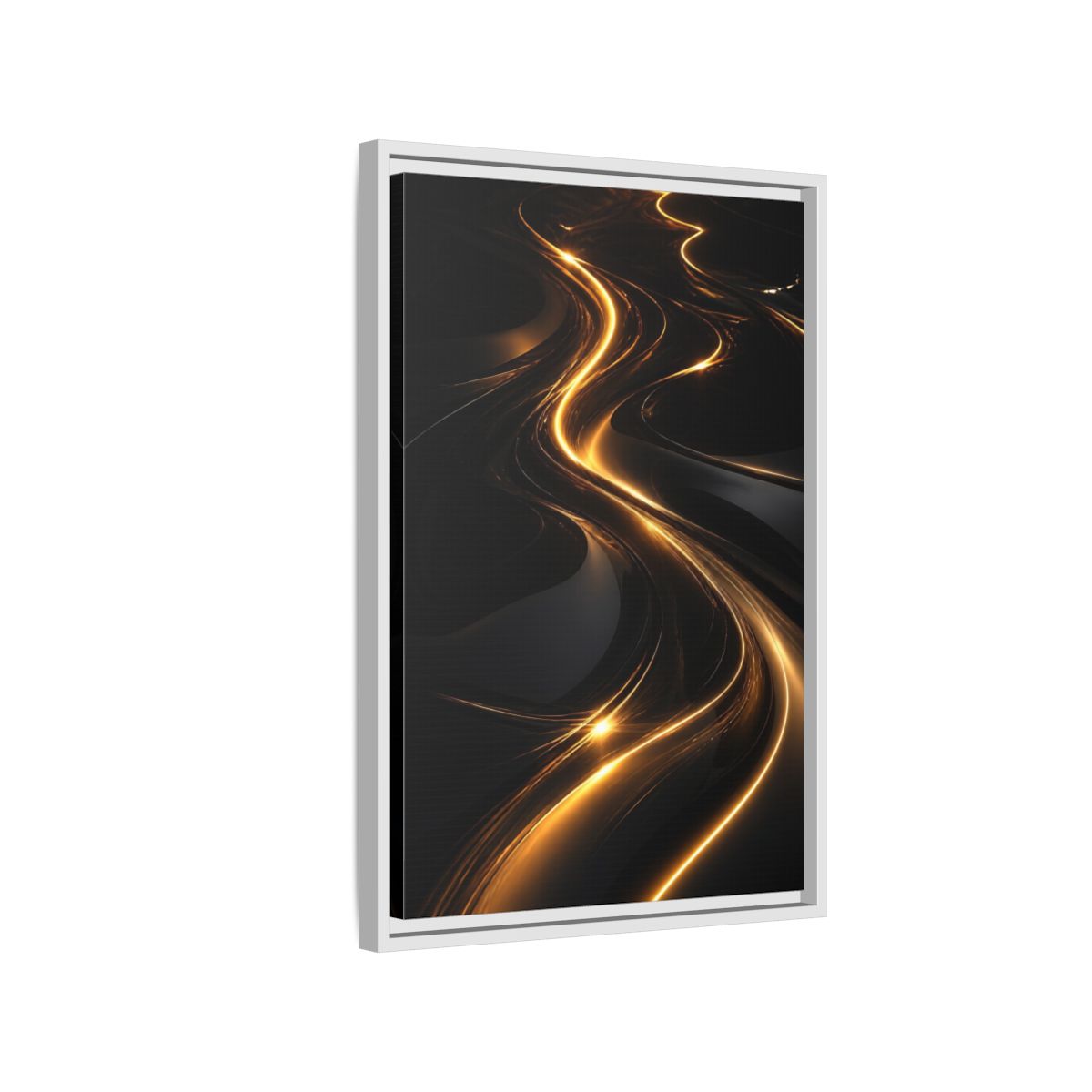 Side Mockup 1. Abstract Light Trails Gold And Black shown as stretched canvas wall art