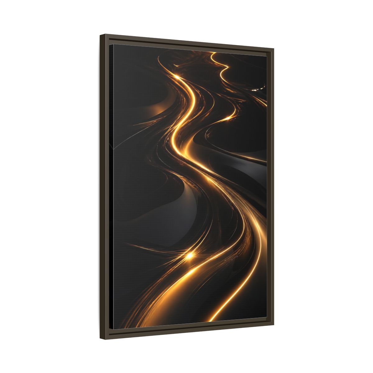 Side Mockup 11. Abstract Light Trails Gold And Black shown as stretched canvas wall art