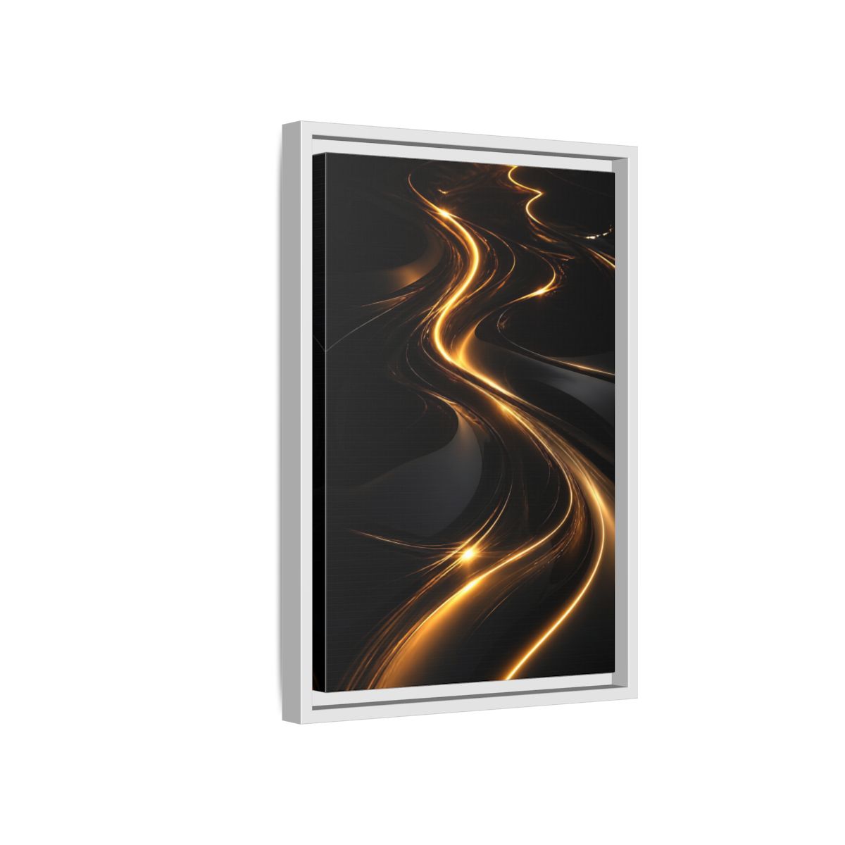 Side Mockup 4. Abstract Light Trails Gold And Black shown as stretched canvas wall art