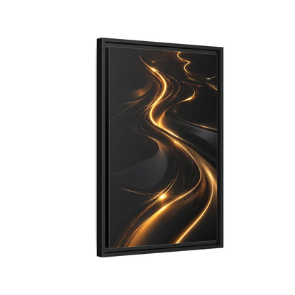 Abstract Light Trails Gold and Black Framed Canvas Wall Art - Modern Living Room, Above Console Table shown as canvas wall art