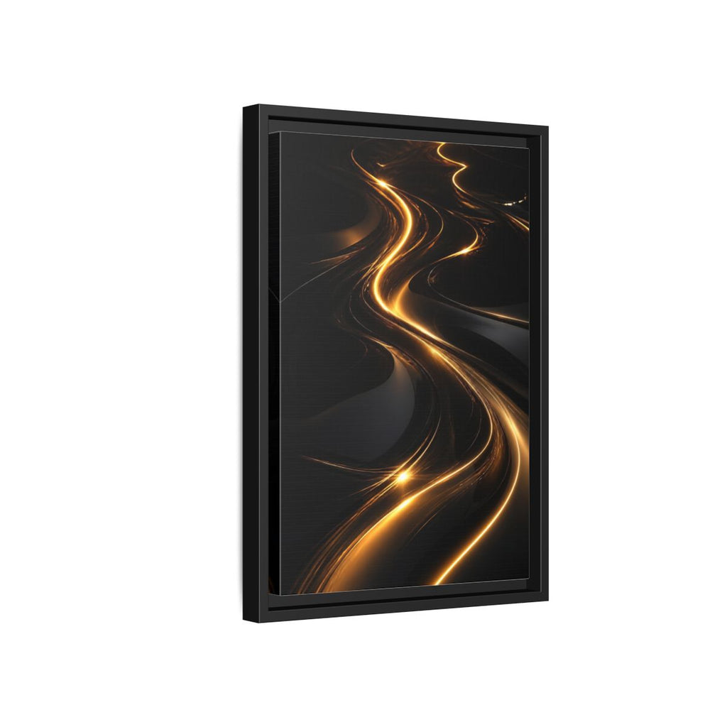 Side Mockup 6. Abstract Light Trails Gold And Black shown as stretched canvas wall art