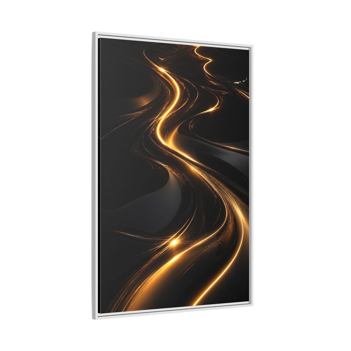 Side Mockup 7. Abstract Light Trails Gold And Black shown as stretched canvas wall art