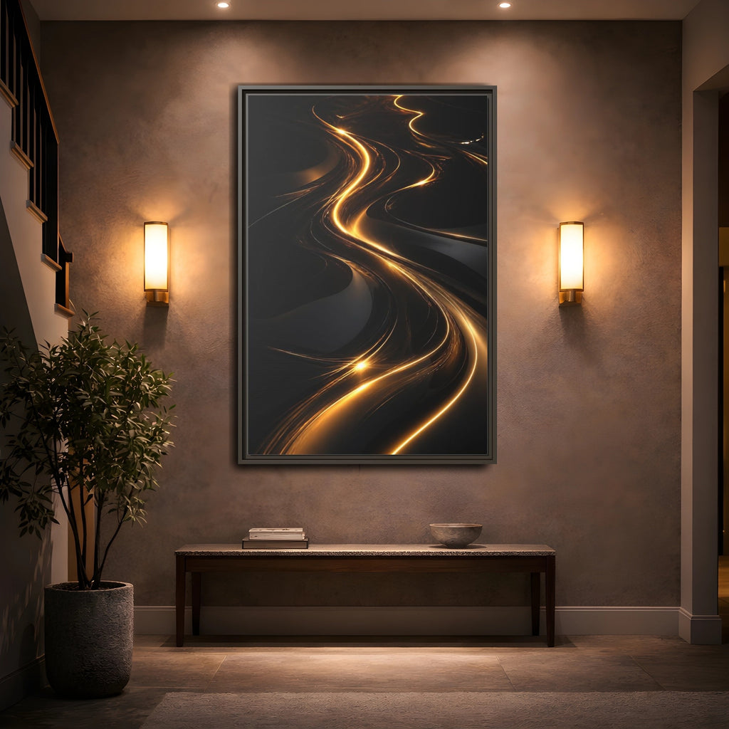 Mockup 2. Abstract Light Trails Gold And Black shown as stretched canvas wall art