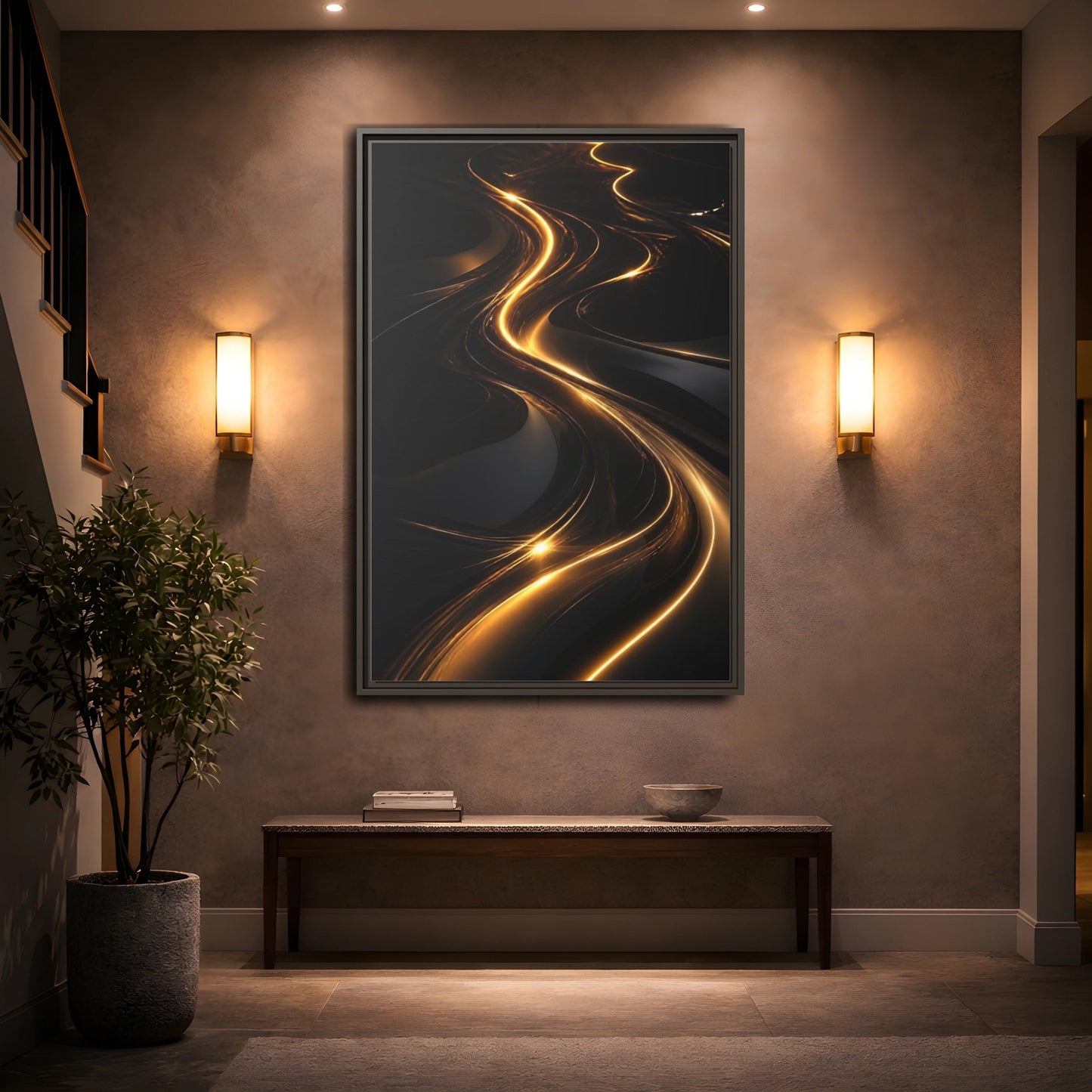 Abstract Light Trails Gold and Black Framed Canvas Wall Art - Modern Living Room, Above Console Table shown as canvas wall art