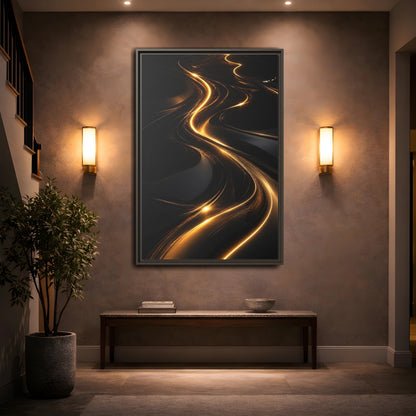 Abstract Light Trails Gold and Black Framed Canvas Wall Art - Modern Living Room, Above Console Table shown as canvas wall art