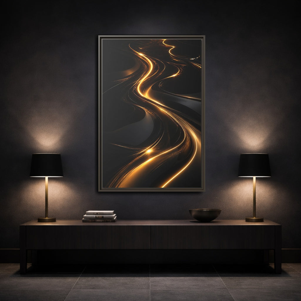 Mockup 3. Abstract Light Trails Gold And Black shown as stretched canvas wall art