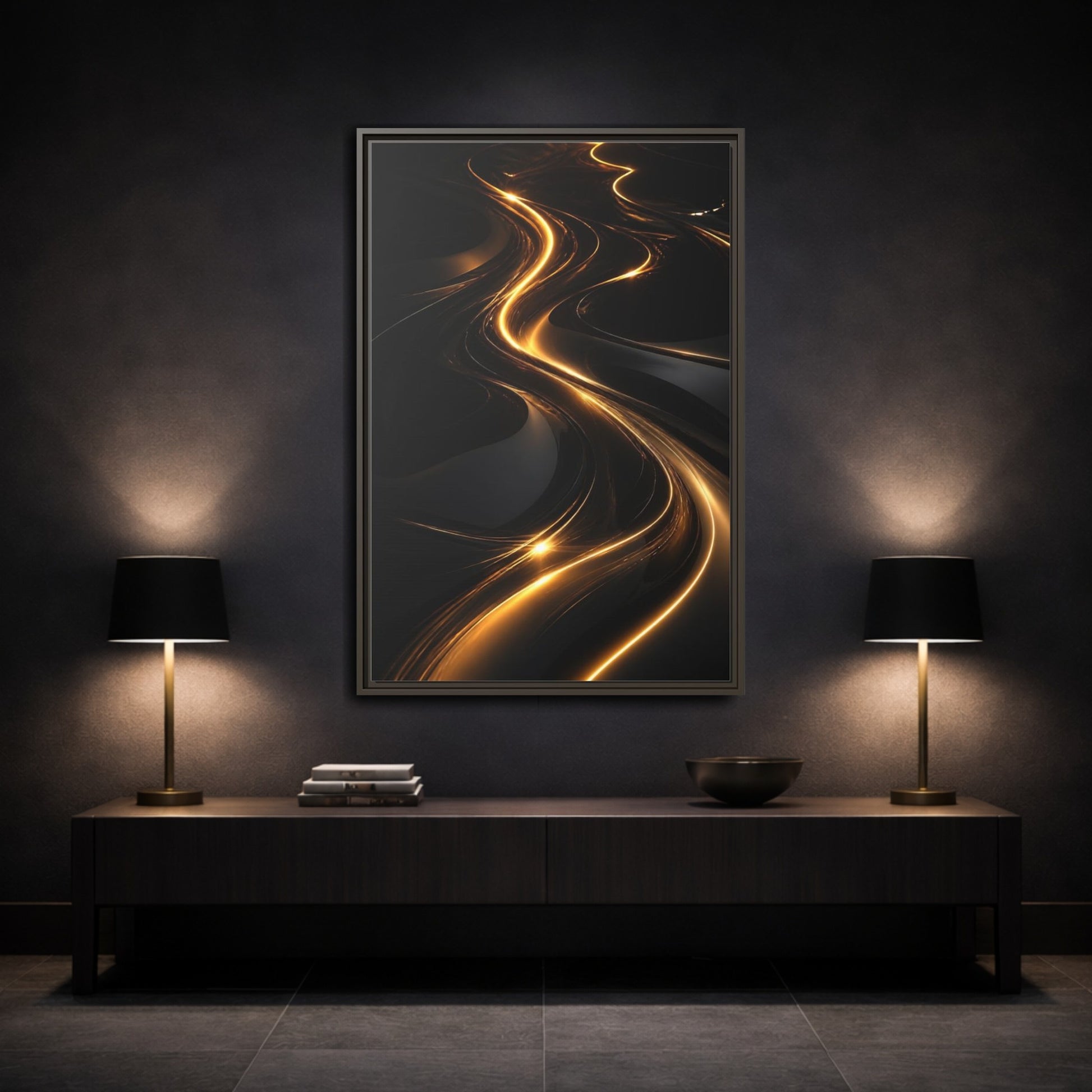 Abstract Light Trails Gold and Black Framed Canvas Wall Art - Modern Living Room, Above Console Table shown as canvas wall art