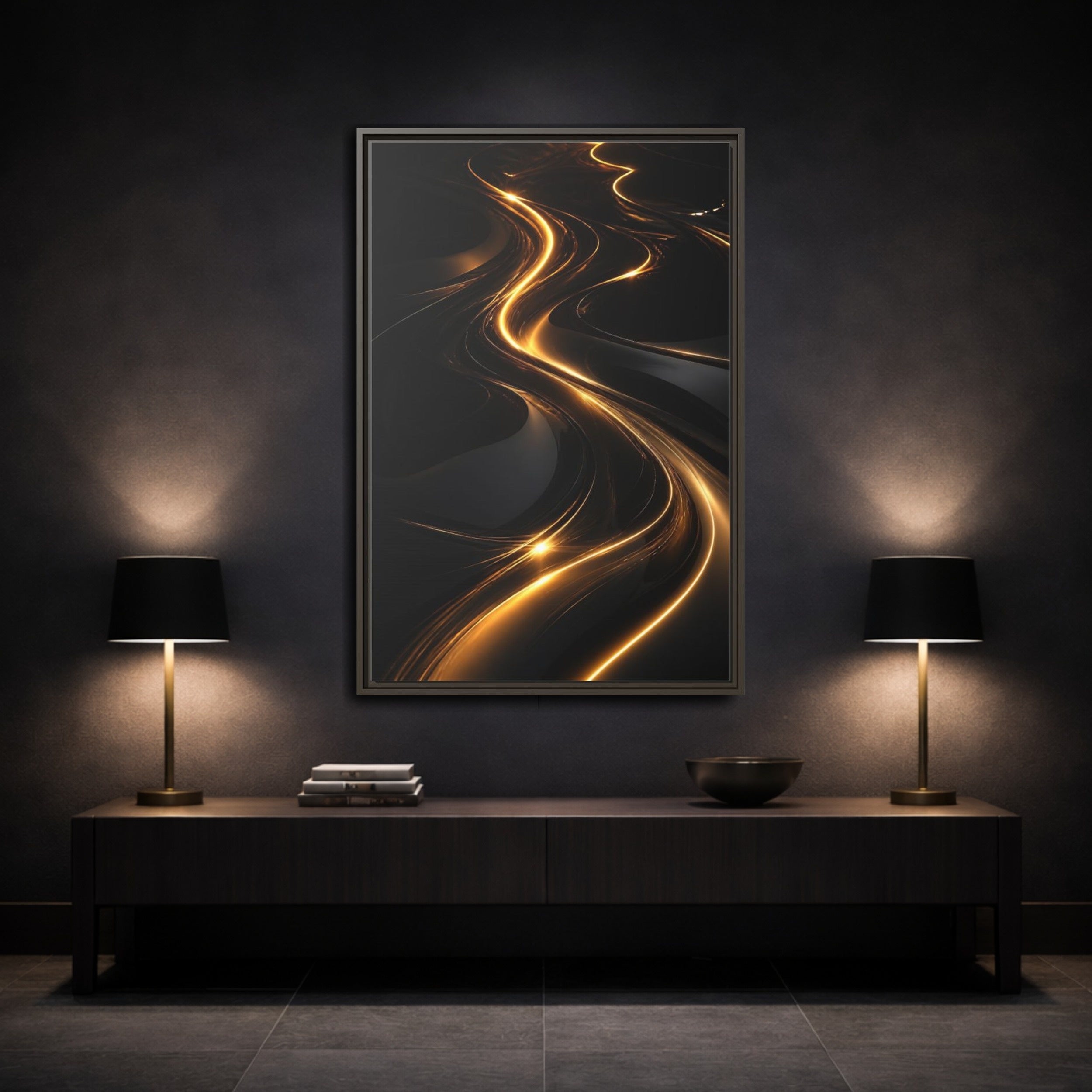 Mockup 3. Abstract Light Trails Gold And Black shown as stretched canvas wall art