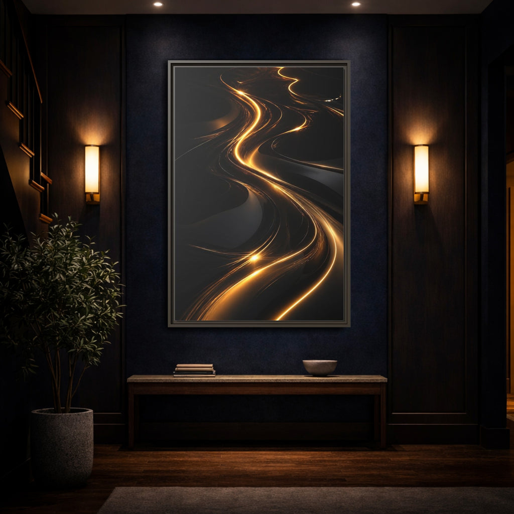 Mockup 4. Abstract Light Trails Gold And Black shown as stretched canvas wall art
