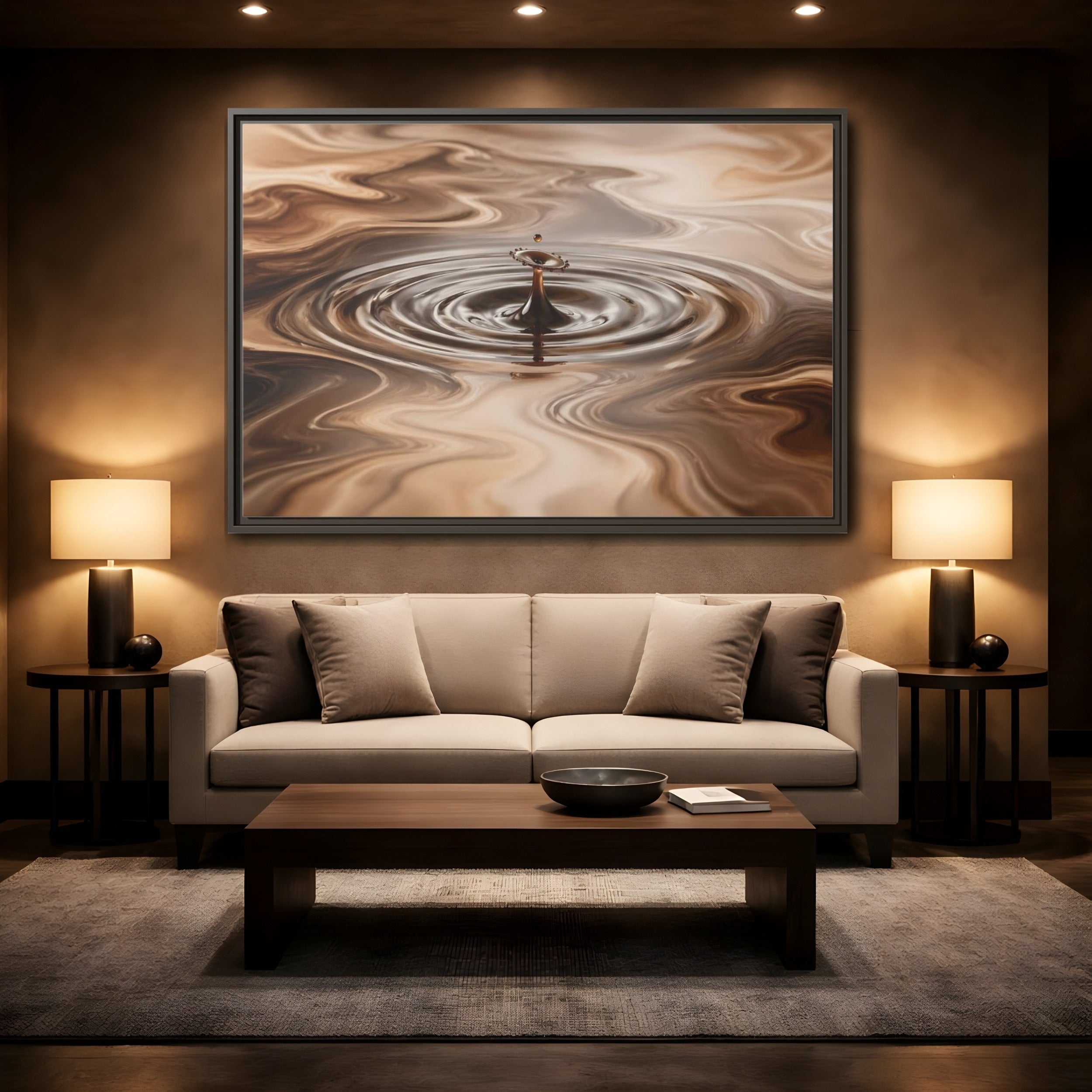 Mockup 2. Abstract Liquid Drop Brown Liquid Abstract shown as stretched canvas wall art
