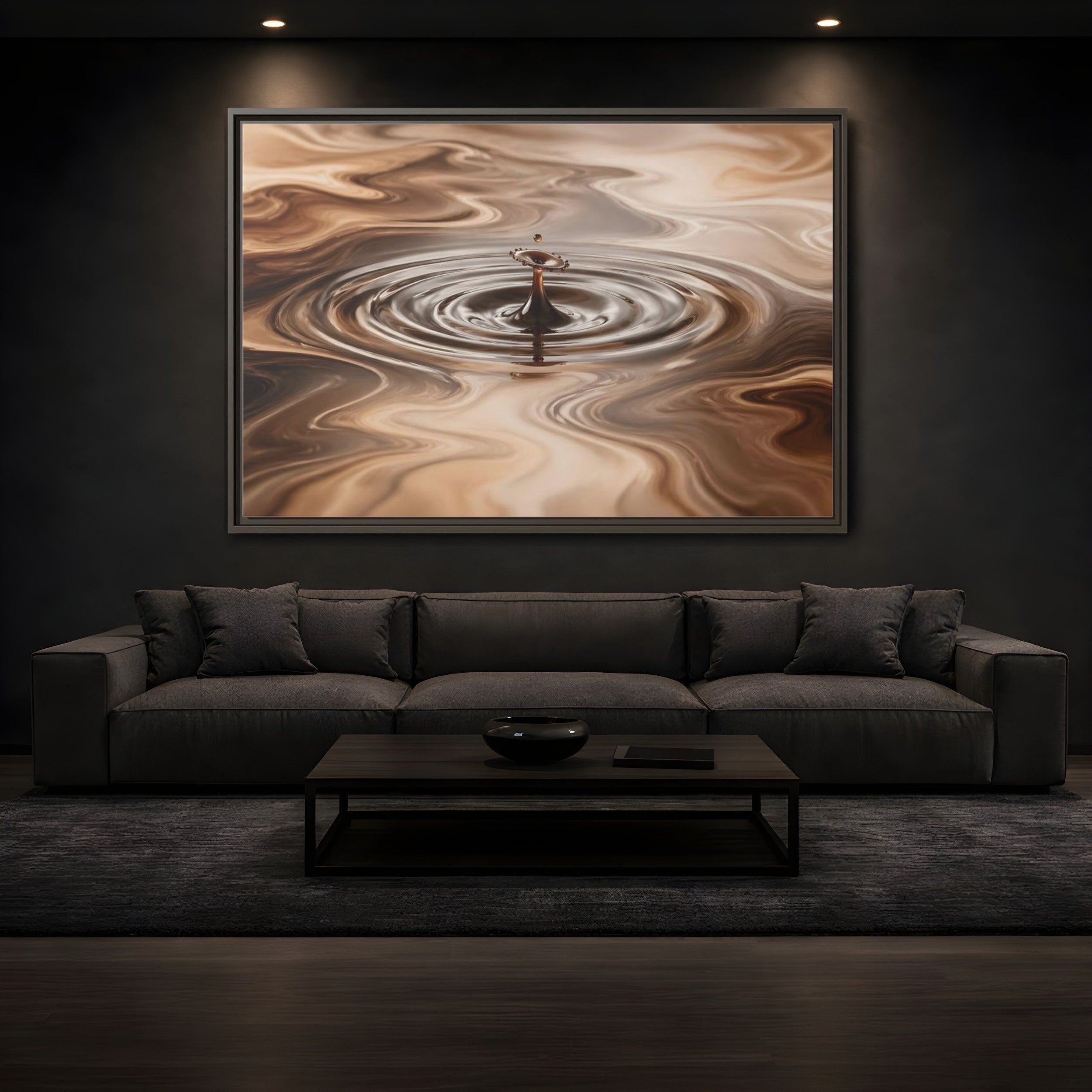 Mockup 3. Abstract Liquid Drop Brown Liquid Abstract shown as stretched canvas wall art
