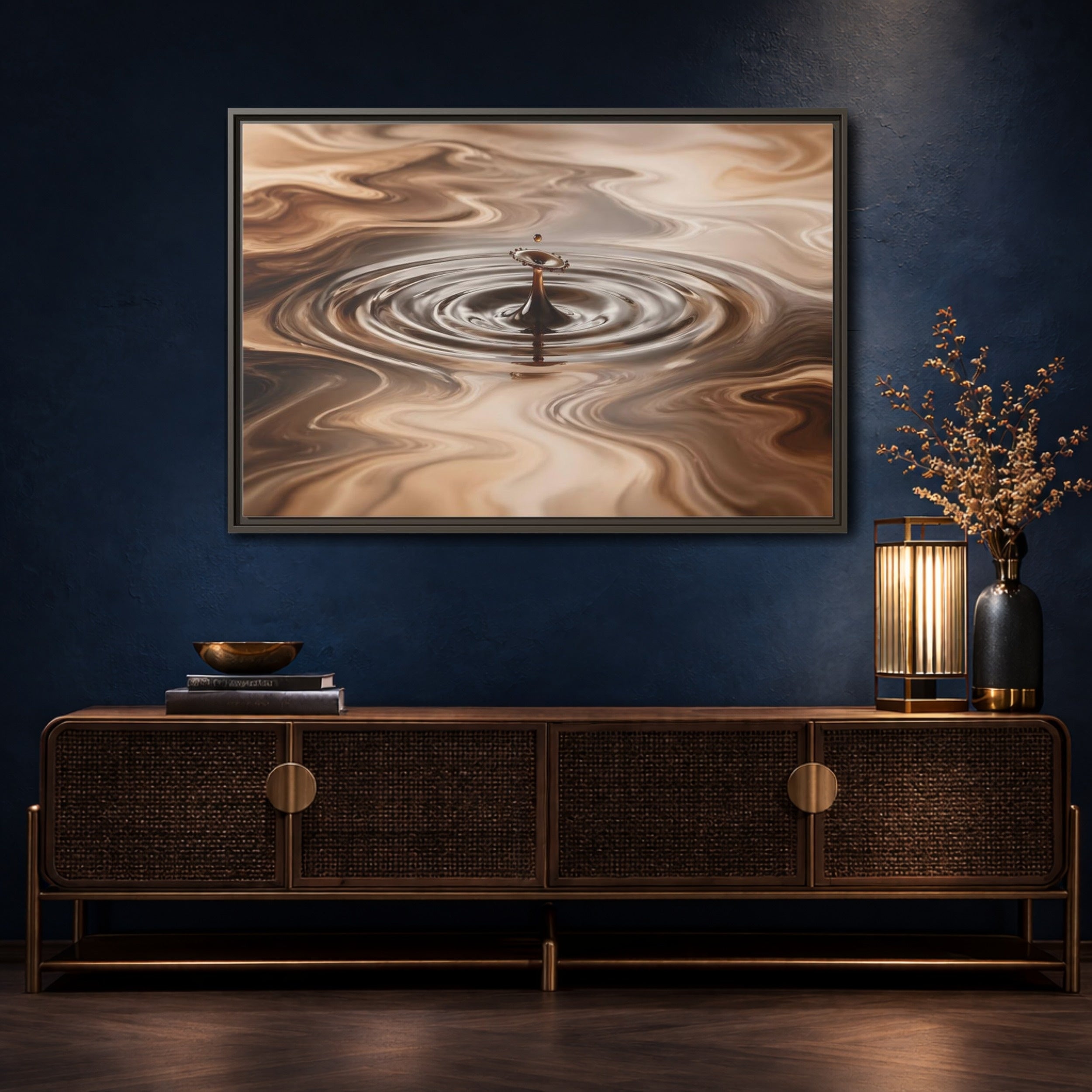 Mockup 4. Abstract Liquid Drop Brown Liquid Abstract shown as stretched canvas wall art