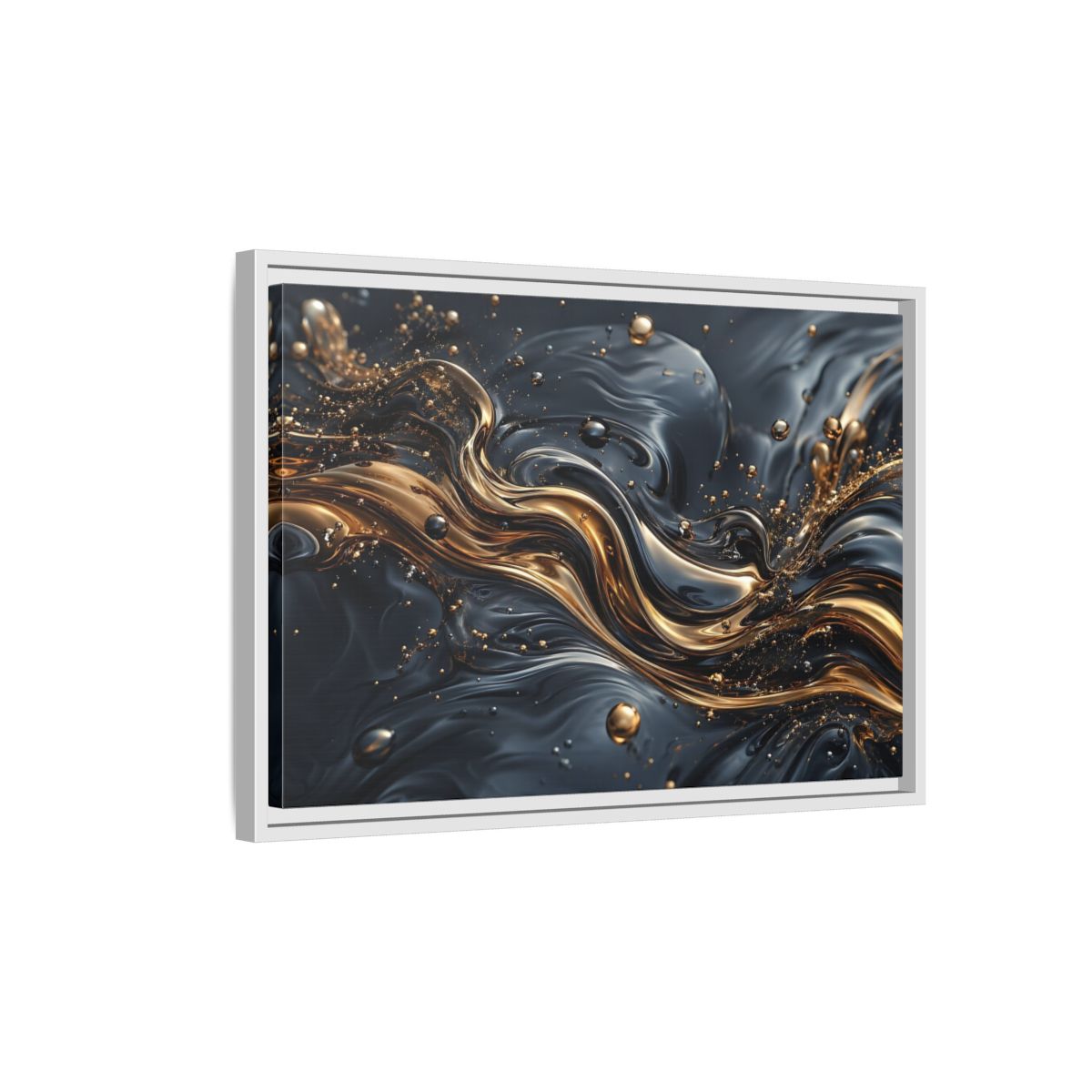 Side Mockup 1. Abstract Liquid Gold Gold And Black Abstract shown as stretched canvas wall art