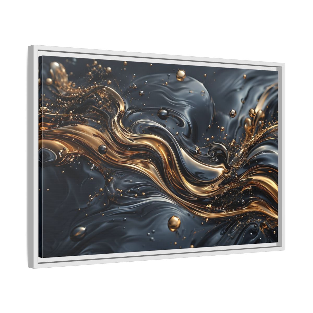 Side Mockup 10. Abstract Liquid Gold Gold And Black Abstract shown as stretched canvas wall art