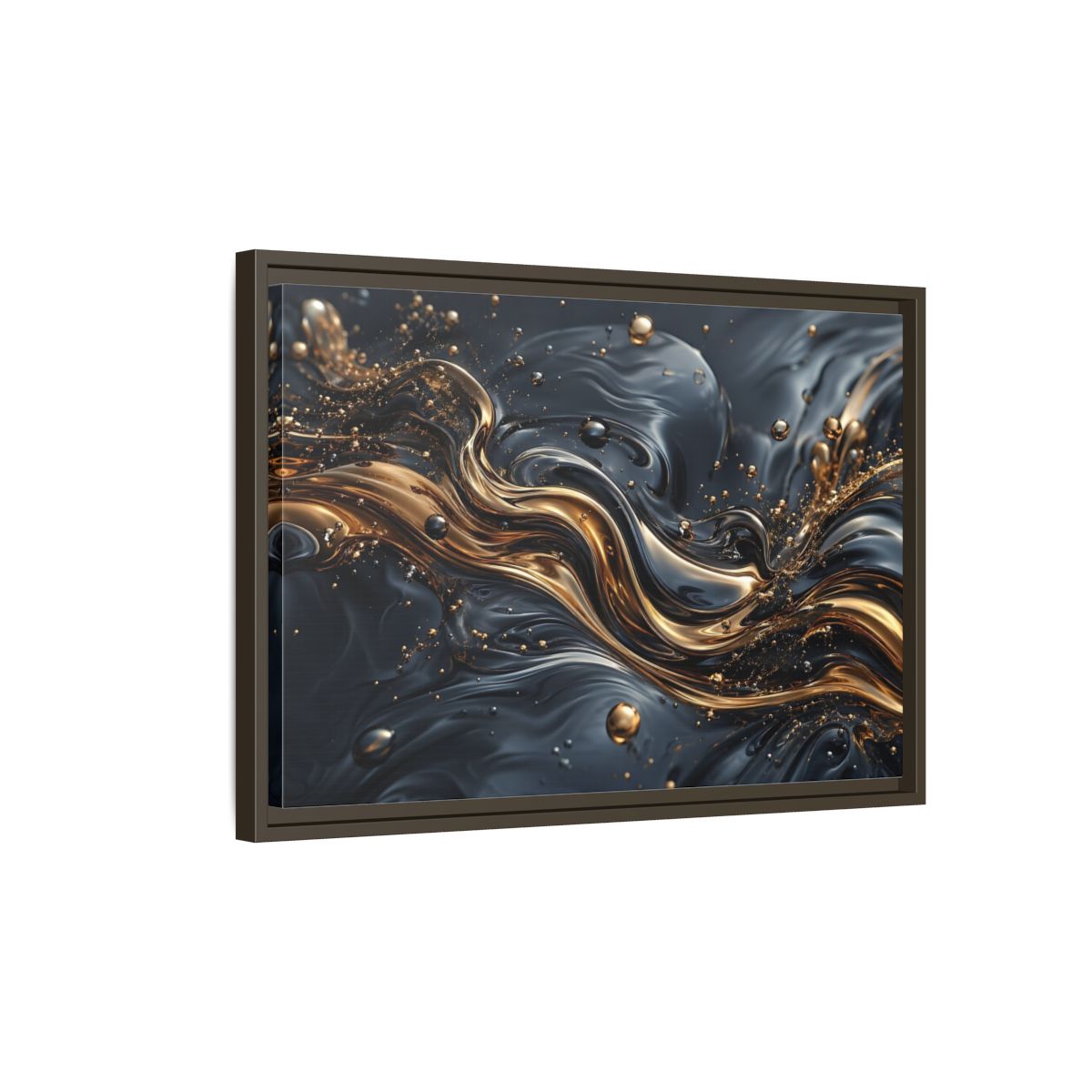 Side Mockup 2. Abstract Liquid Gold Gold And Black Abstract shown as stretched canvas wall art
