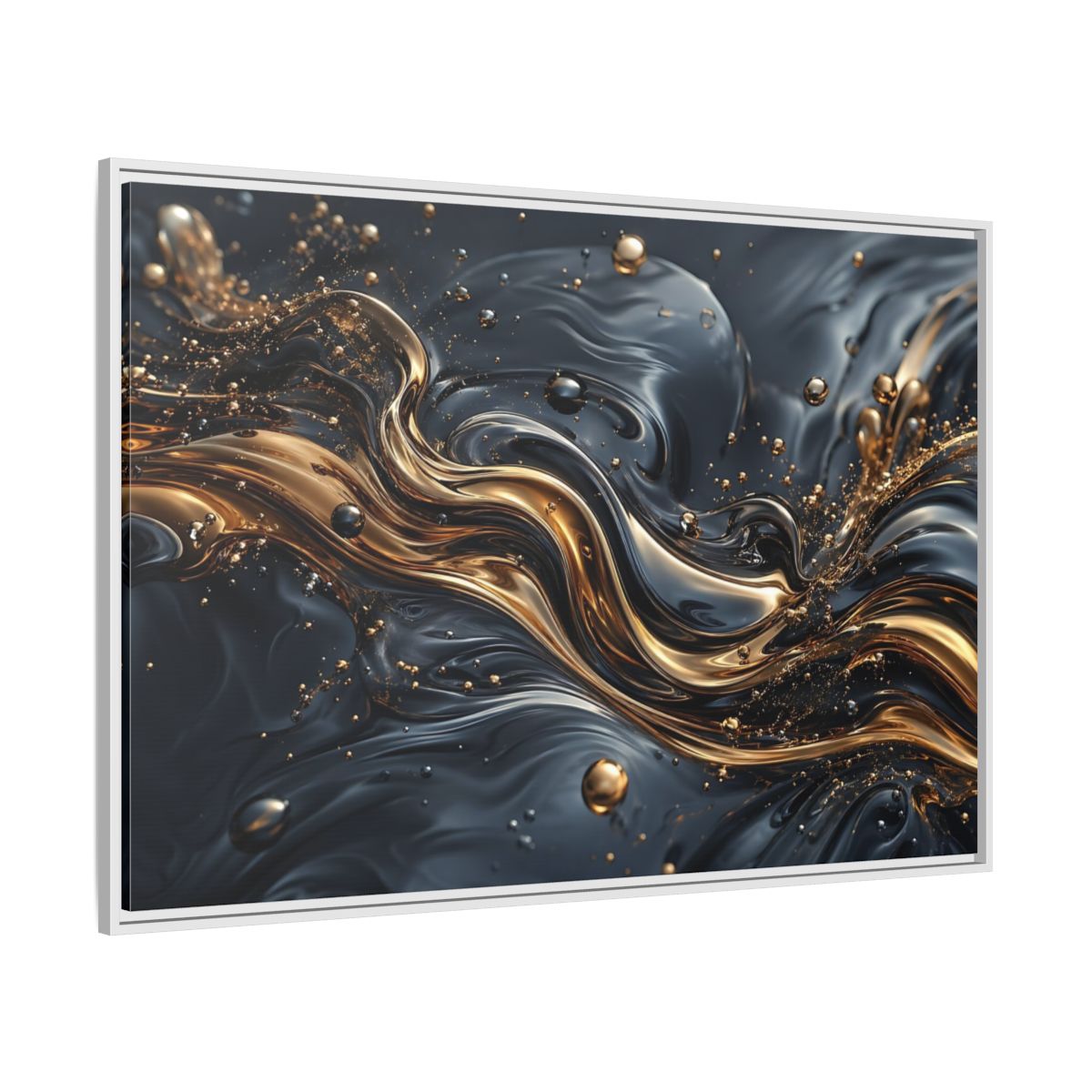 Side Mockup 7. Abstract Liquid Gold Gold And Black Abstract shown as stretched canvas wall art