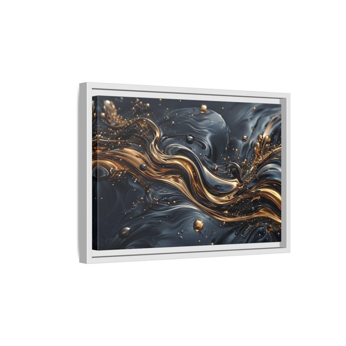 Side Mockup 4. Abstract Liquid Gold Gold And Black Abstract shown as stretched canvas wall art
