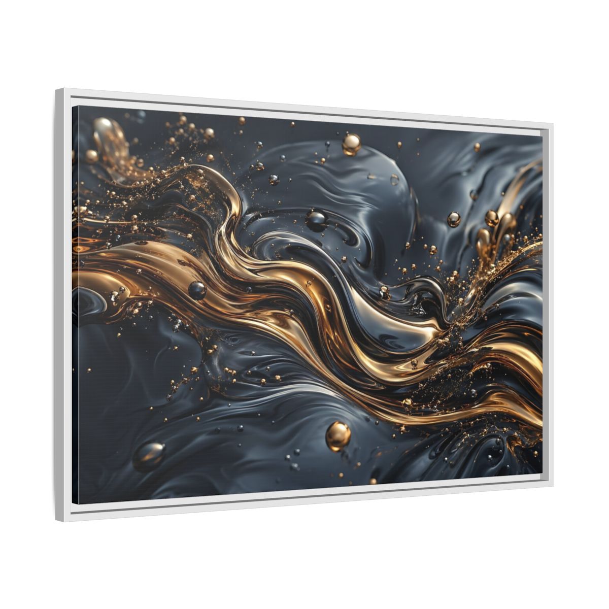 Side Mockup 9. Abstract Liquid Gold Gold And Black Abstract shown as stretched canvas wall art