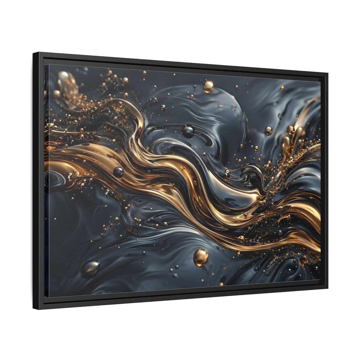 Side Mockup 14. Abstract Liquid Gold Gold And Black Abstract shown as stretched canvas wall art