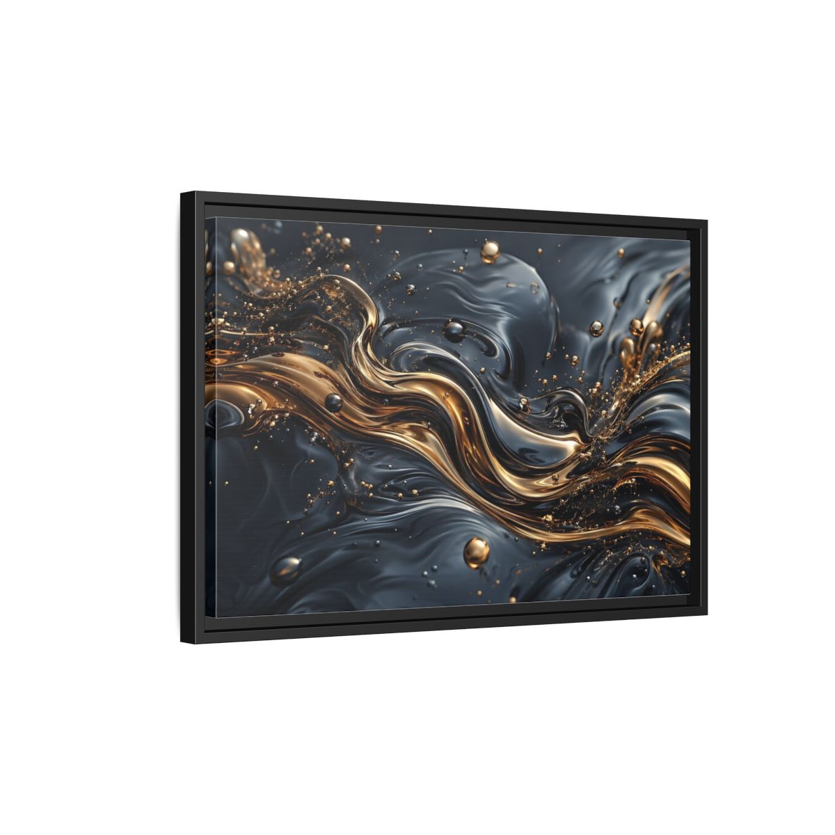 Side Mockup 3. Abstract Liquid Gold Gold And Black Abstract shown as stretched canvas wall art