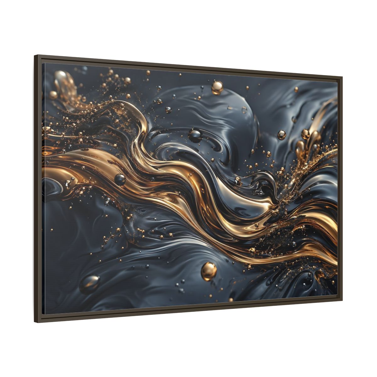Side Mockup 8. Abstract Liquid Gold Gold And Black Abstract shown as stretched canvas wall art