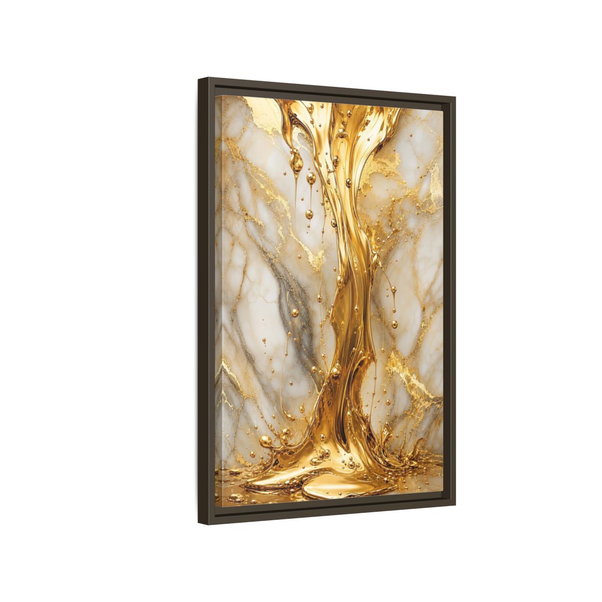 Side Mockup 2. Abstract Liquid Gold Gold And White shown as stretched canvas wall art