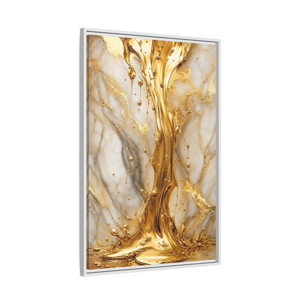 Side Mockup 9. Abstract Liquid Gold Gold And White shown as stretched canvas wall art