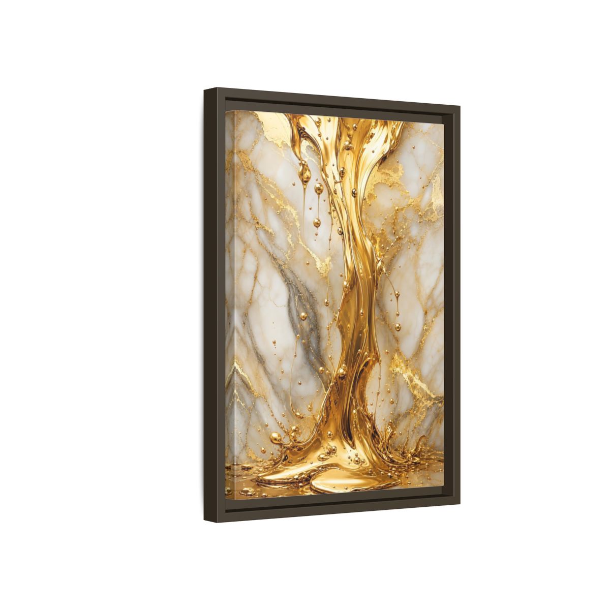 Side Mockup 5. Abstract Liquid Gold Gold And White shown as stretched canvas wall art