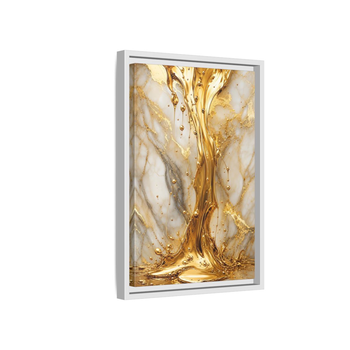 Side Mockup 4. Abstract Liquid Gold Gold And White shown as stretched canvas wall art