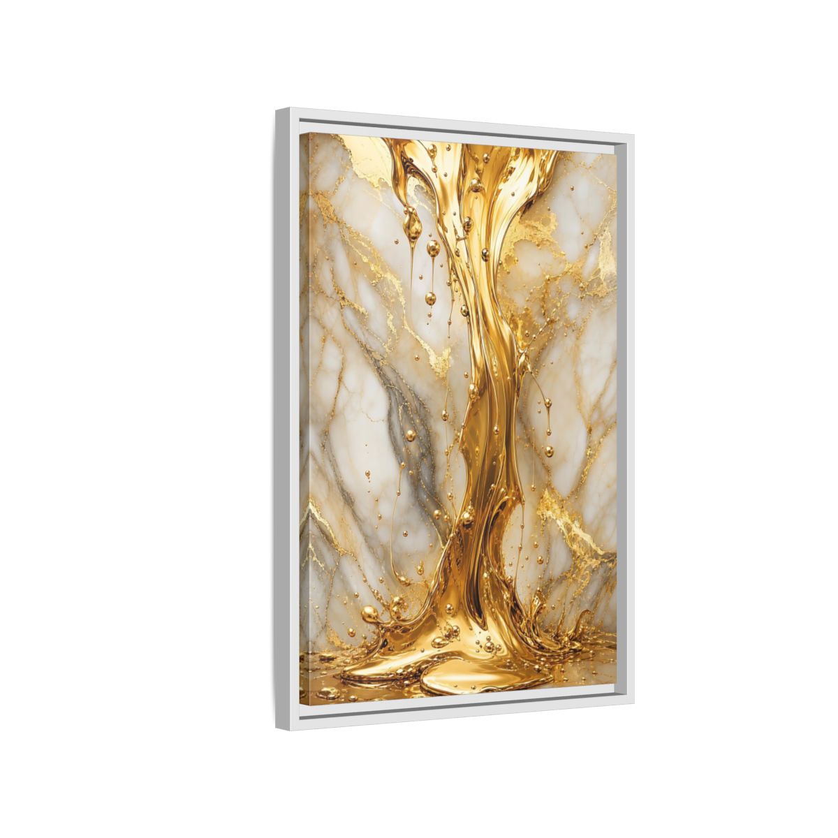 Side Mockup 1. Abstract Liquid Gold Gold And White shown as stretched canvas wall art