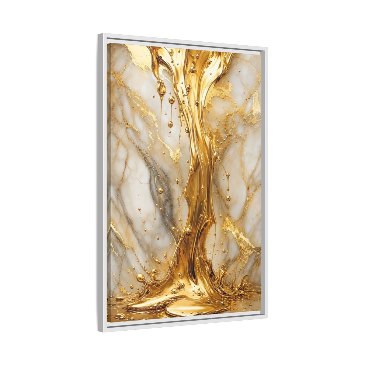 Side Mockup 10. Abstract Liquid Gold Gold And White shown as stretched canvas wall art