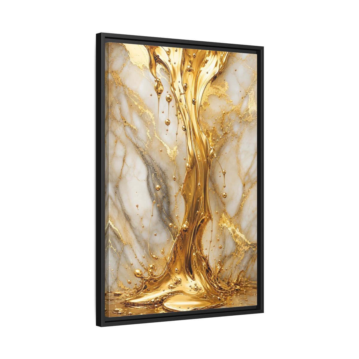 Side Mockup 14. Abstract Liquid Gold Gold And White shown as stretched canvas wall art