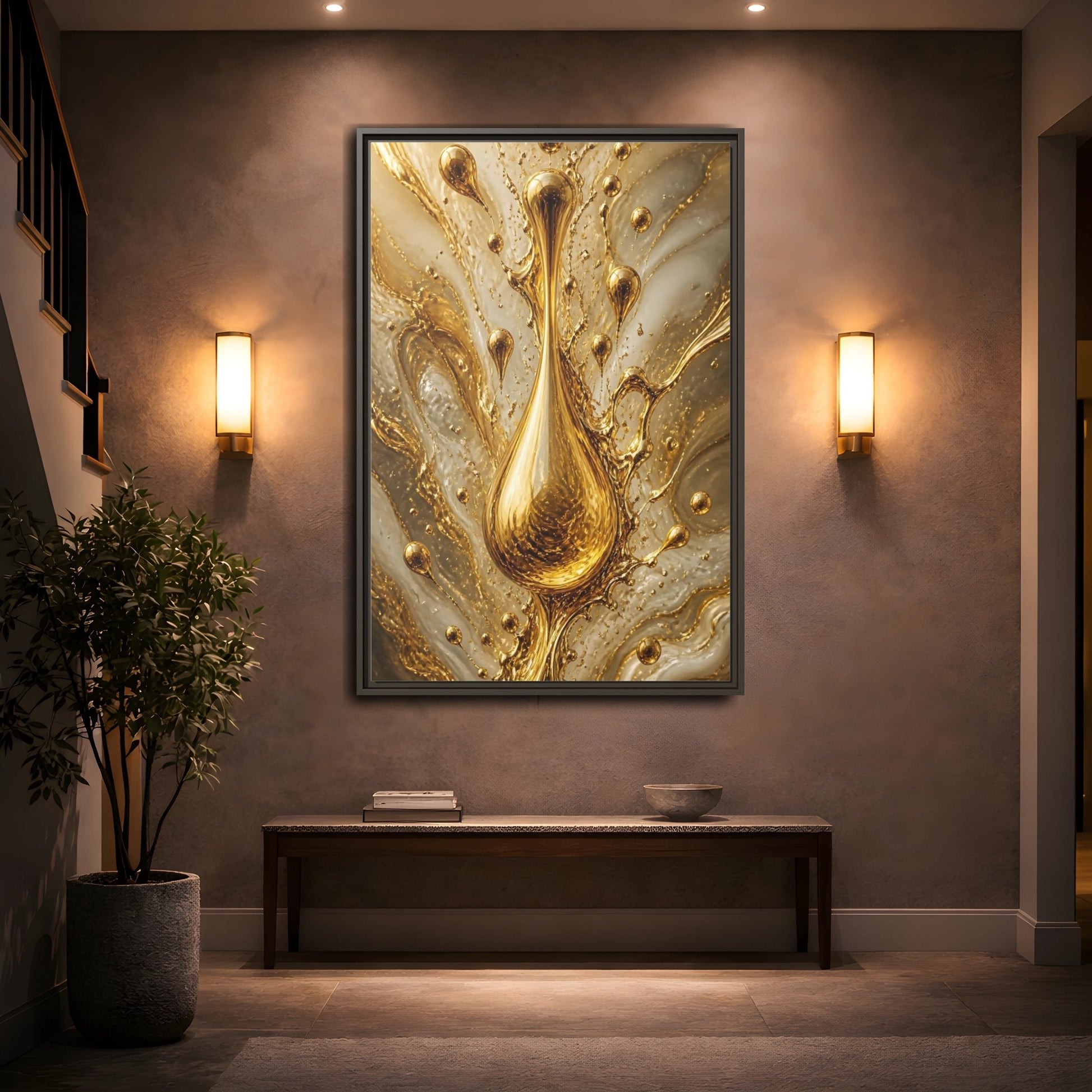 Abstract Liquid Gold Framed Canvas Wall Art - Living Room, Above Console Table shown as canvas wall art