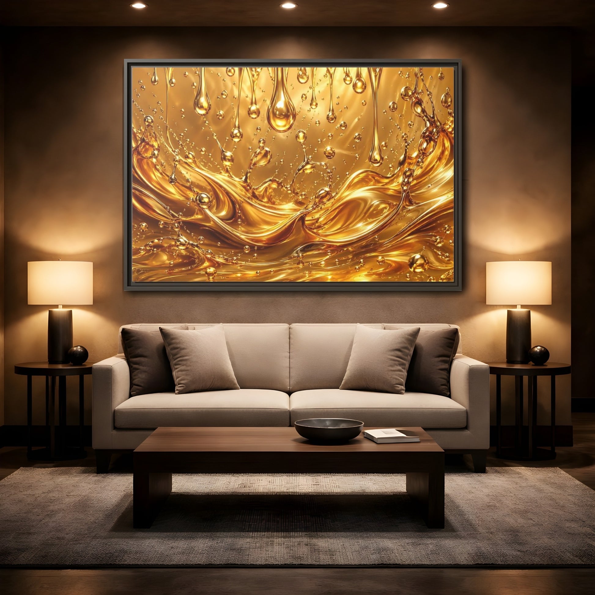 Mockup 2. Abstract Liquid Gold Gold Abstract shown as stretched canvas wall art
