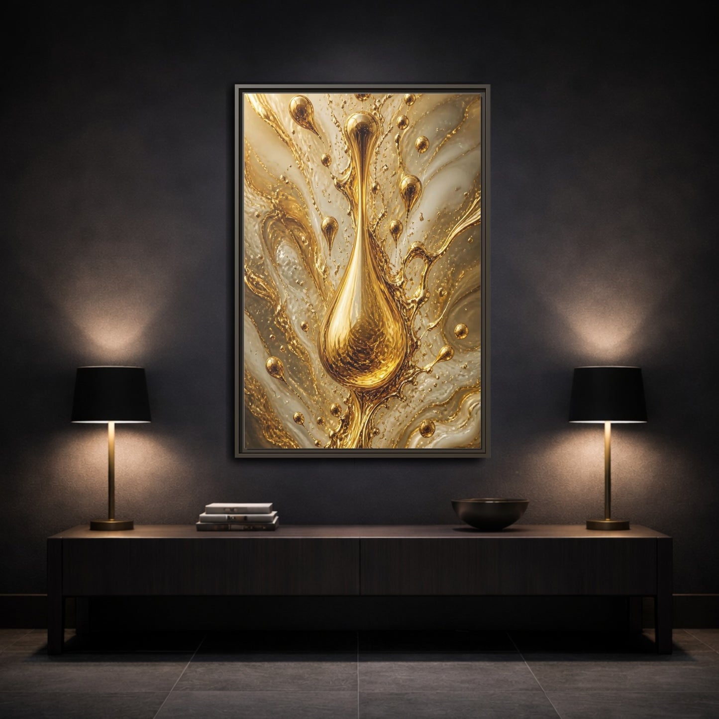 Abstract Liquid Gold Framed Canvas Wall Art - Living Room, Above Console Table shown as canvas wall art