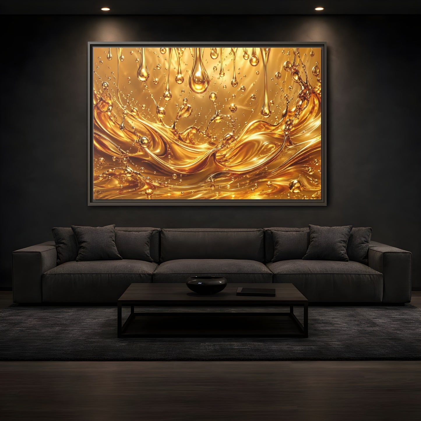 Mockup 3. Abstract Liquid Gold Gold Abstract shown as stretched canvas wall art