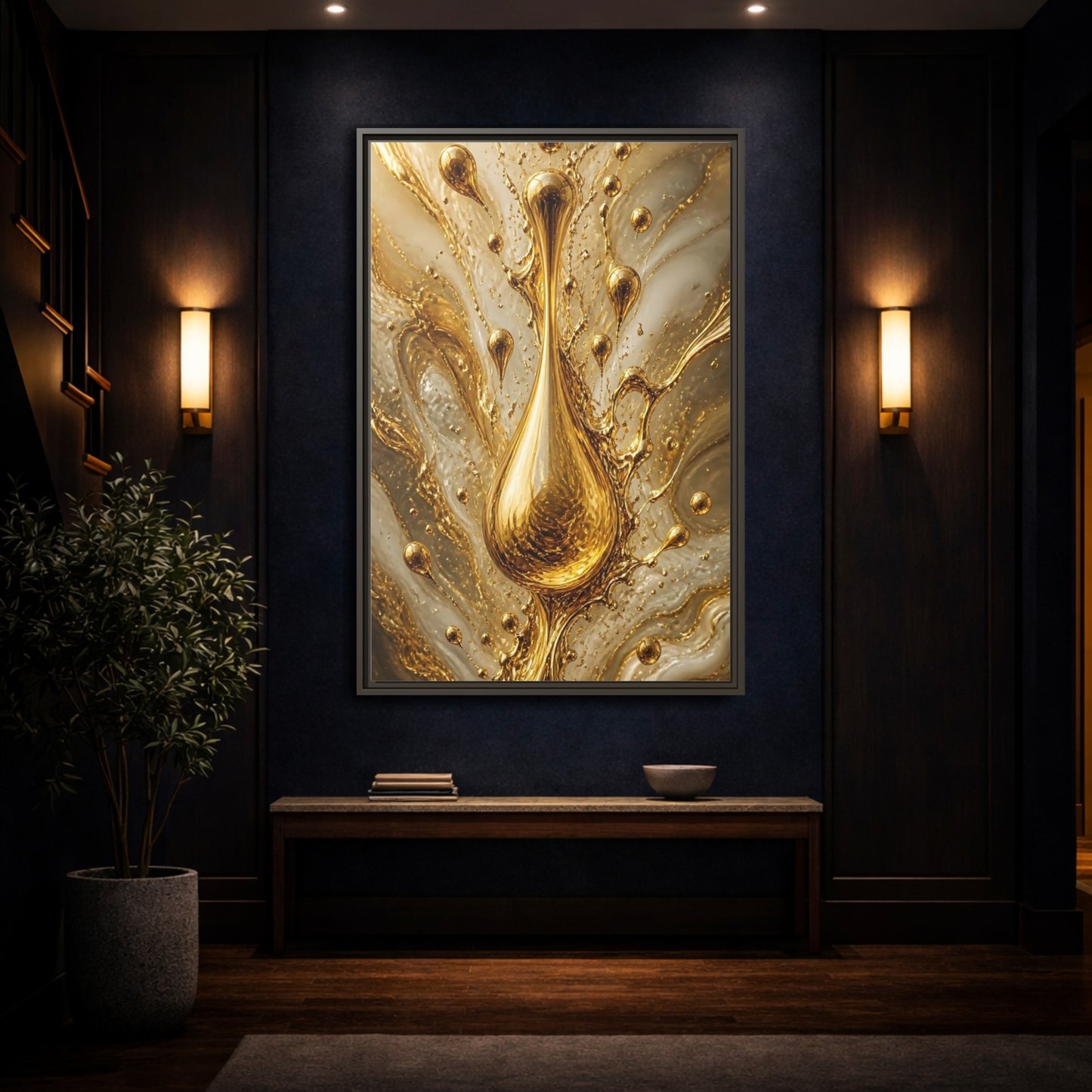 Abstract Liquid Gold Framed Canvas Wall Art - Living Room, Above Console Table shown as canvas wall art