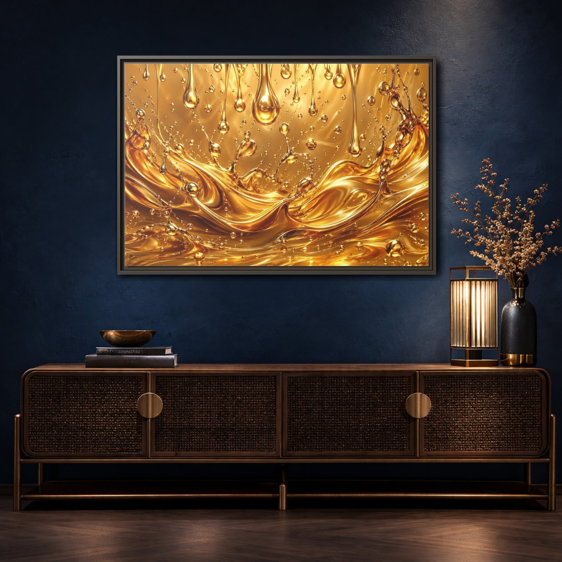 Mockup 4. Abstract Liquid Gold Gold Abstract shown as stretched canvas wall art