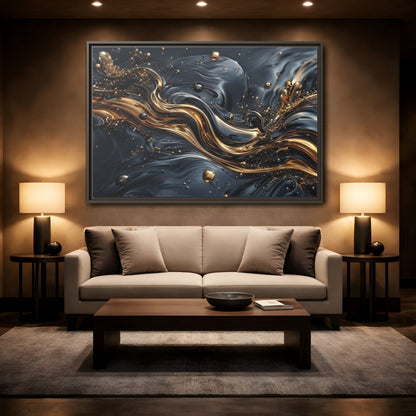 Mockup 2. Abstract Liquid Gold Gold And Black Abstract shown as stretched canvas wall art