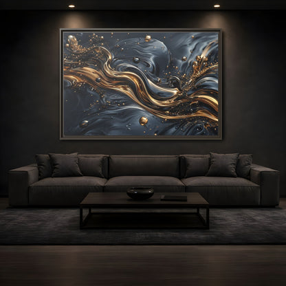 Mockup 3. Abstract Liquid Gold Gold And Black Abstract shown as stretched canvas wall art
