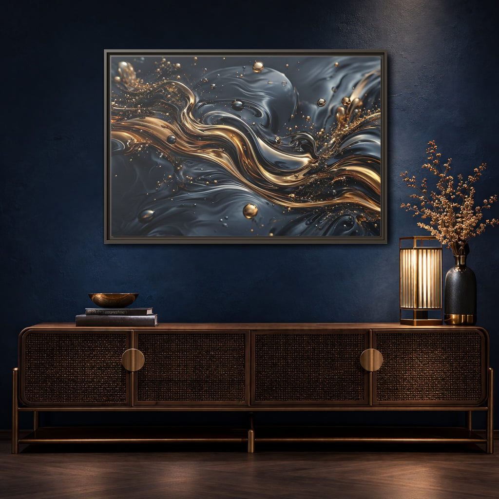 Mockup 4. Abstract Liquid Gold Gold And Black Abstract shown as stretched canvas wall art