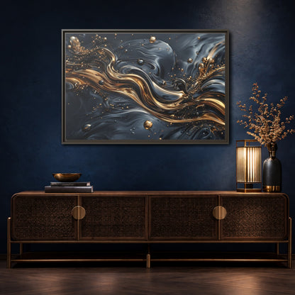 Mockup 4. Abstract Liquid Gold Gold And Black Abstract shown as stretched canvas wall art