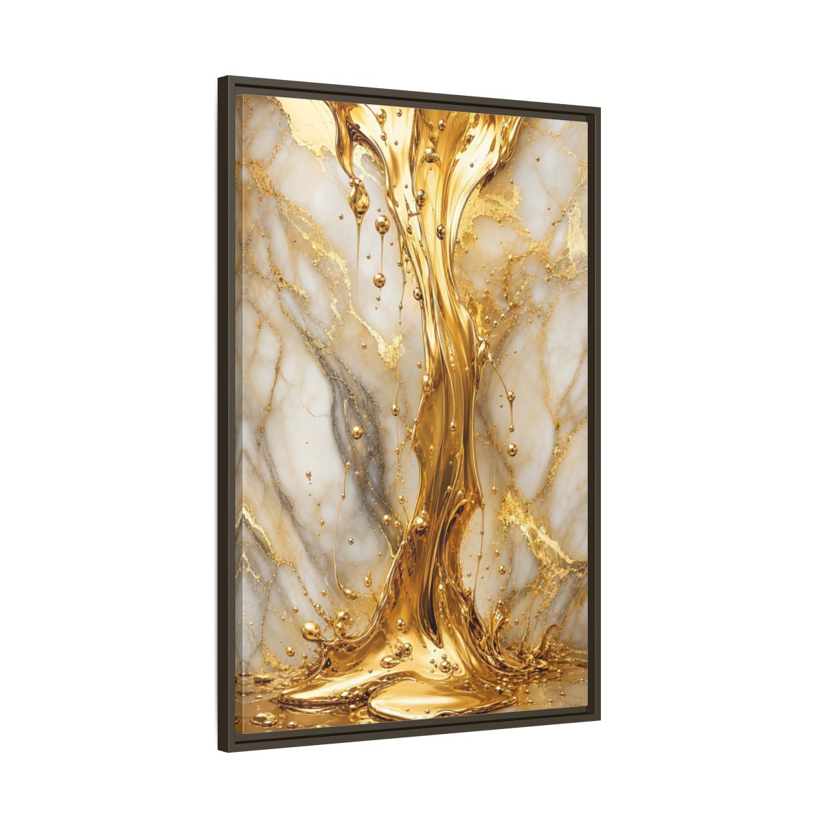 Main Mockup. Abstract Liquid Gold Gold And White shown as stretched canvas wall art